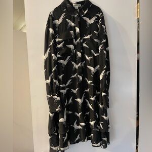 Whistles silk long sleeve mini dress with beautiful black and white bird print